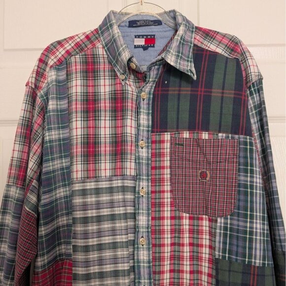 Tommy Hilfiger Patchwork Plaid Shirt Mens Size Medium Red Preppy Long Sleeve 90s - Picture 2 of 10
